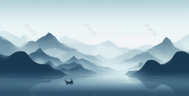 烟雨蒙蒙新中式蓝色水墨意境山水画,插画/手绘图,插画/手绘图库,插画/手绘图下载,插画/手绘